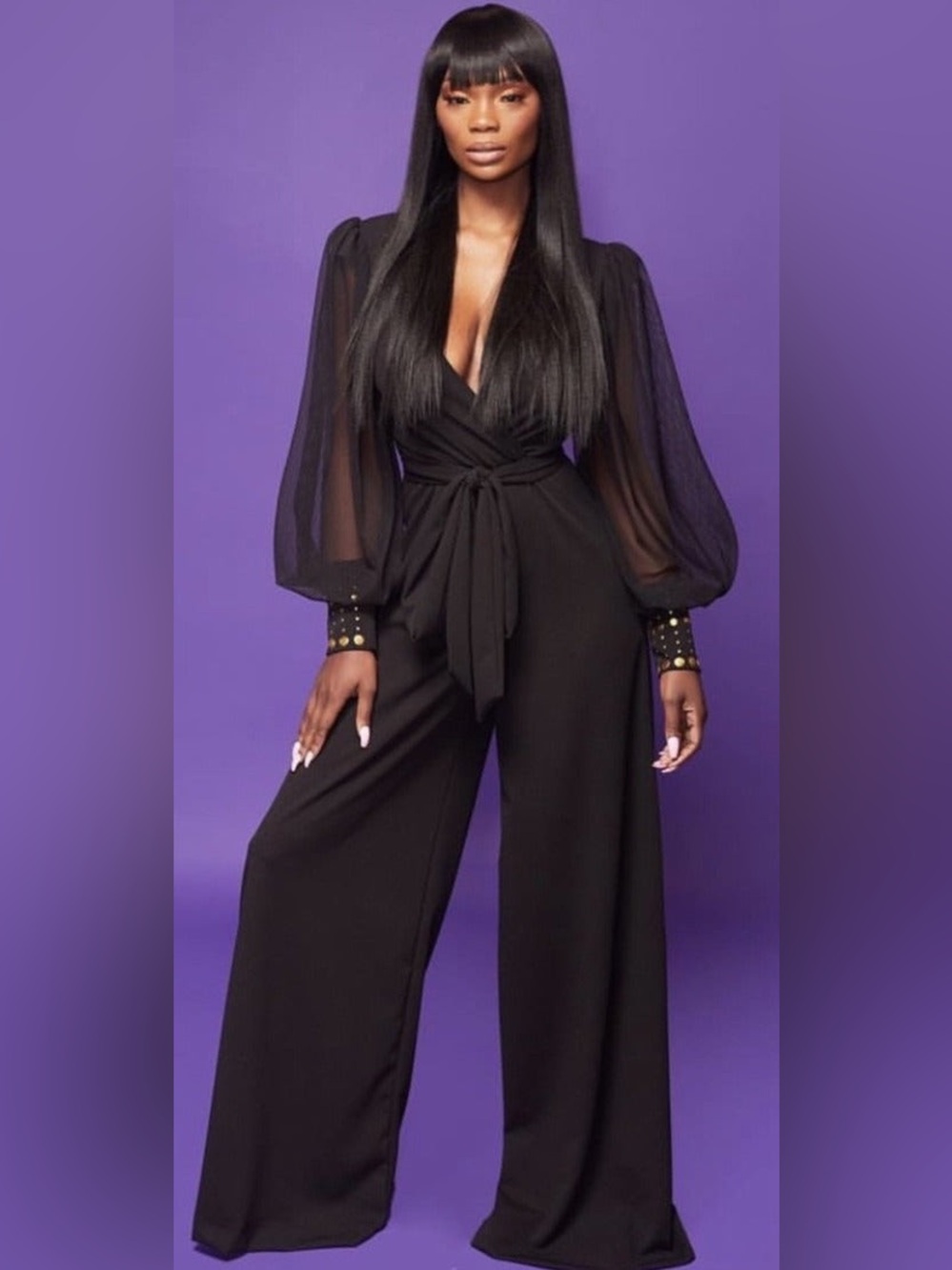 Karen T Design Bubble Sleeve in Black Sheer Jumpsuit